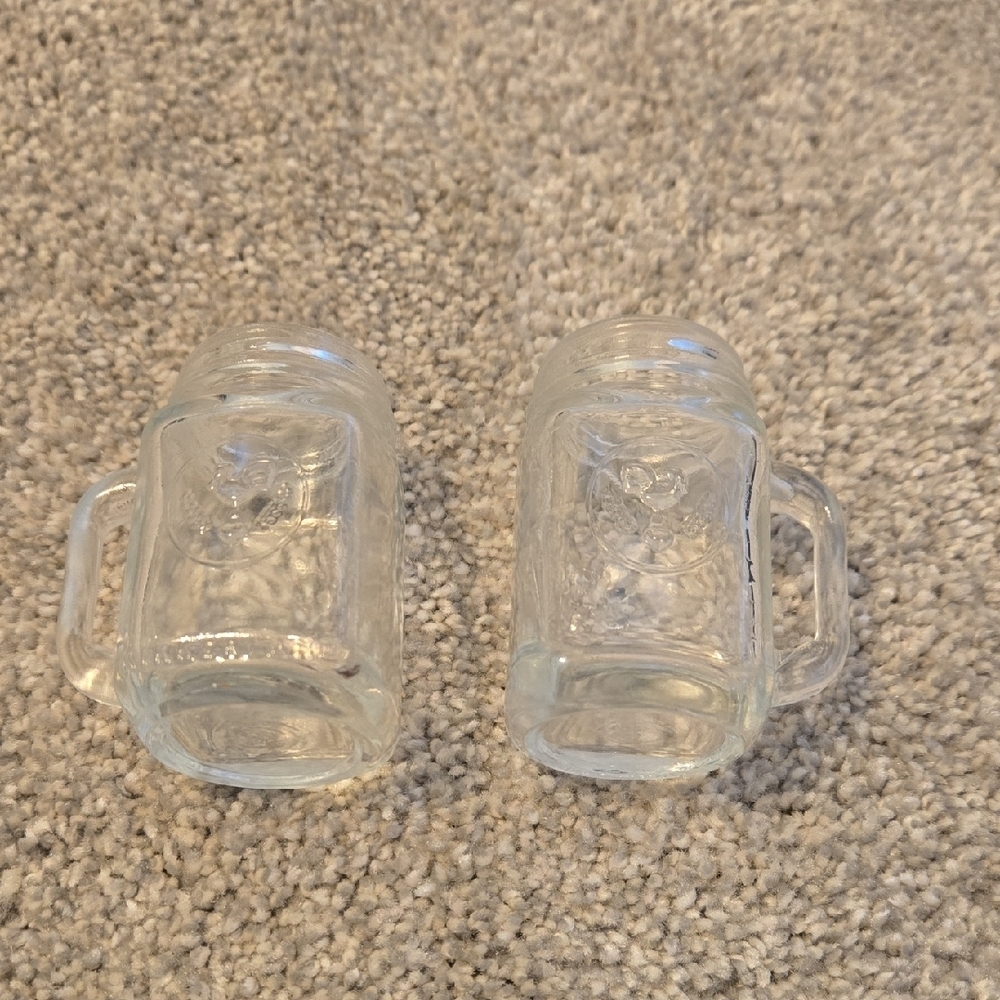 Tiny Vintage Rooster Chicken 2 1/2" Mug Mason Jar Shot Glasses Set of 2